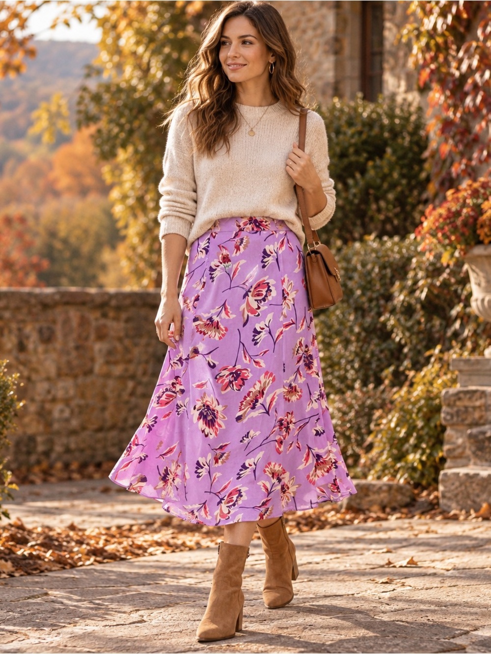 Sundance Josephine Floral Trumpet Midi Skirt Purple Viscose Boho Size M